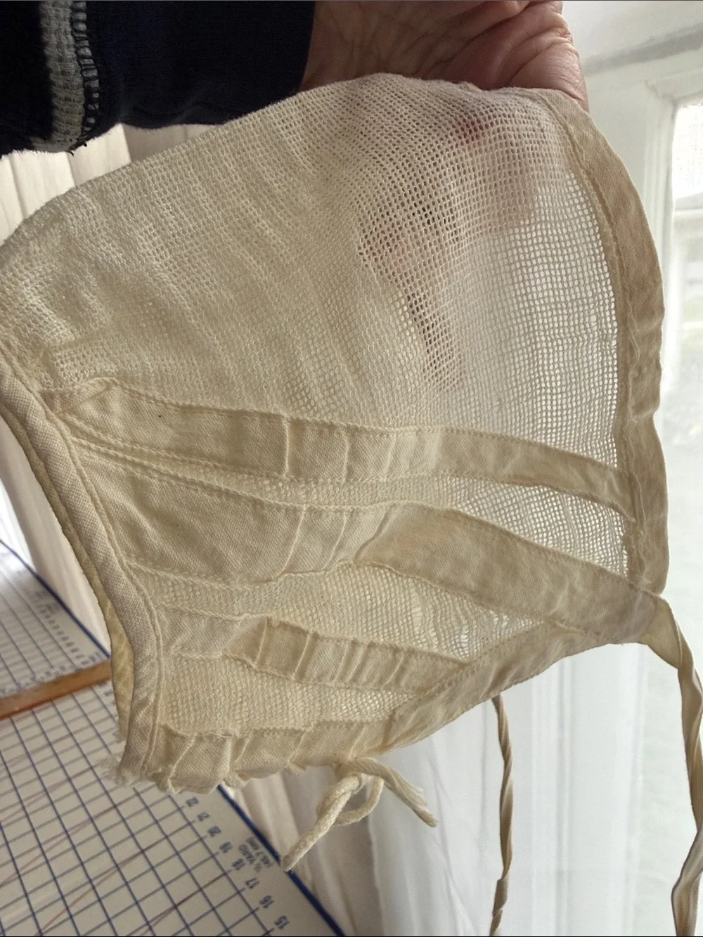Antique c1900 Infant Baby Bonnet Cap Cotton Net Lace-Up Heirloom Sewing Study